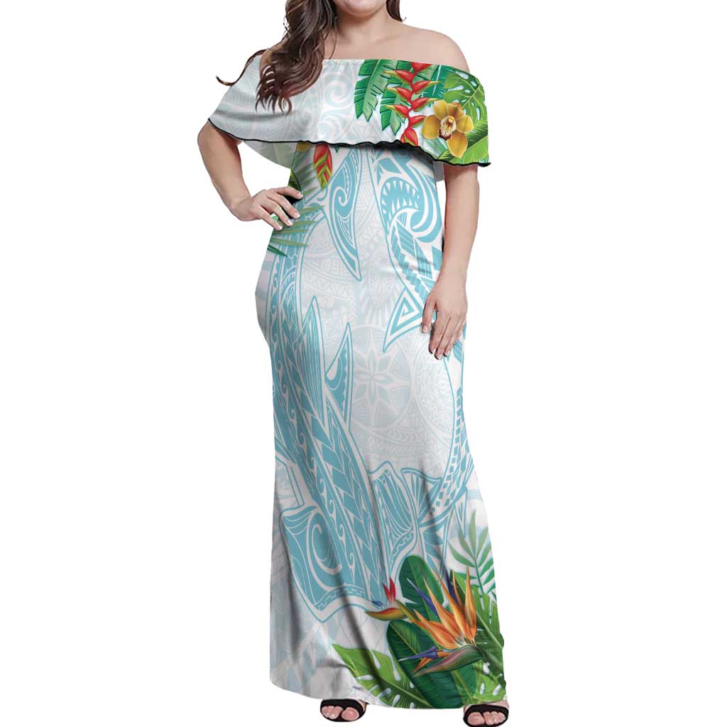 Polynesia Off Shoulder Maxi Dress Sharks Duo Tropical Turquoise LT7 Women Turquoise - Polynesian Pride