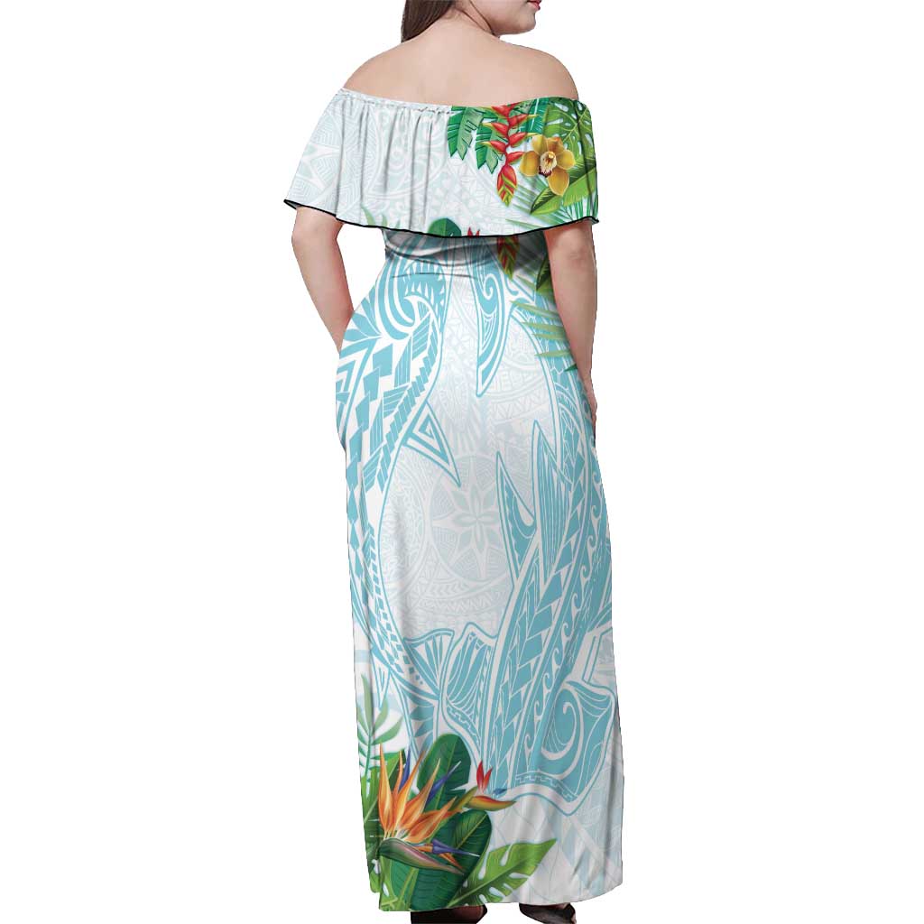 Polynesia Off Shoulder Maxi Dress Sharks Duo Tropical Turquoise LT7 - Polynesian Pride