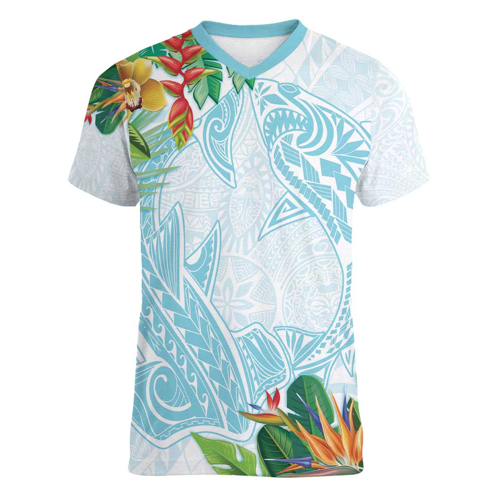 Polynesia Women V-Neck T-Shirt Sharks Duo Tropical Turquoise LT7 Female Turquoise - Polynesian Pride