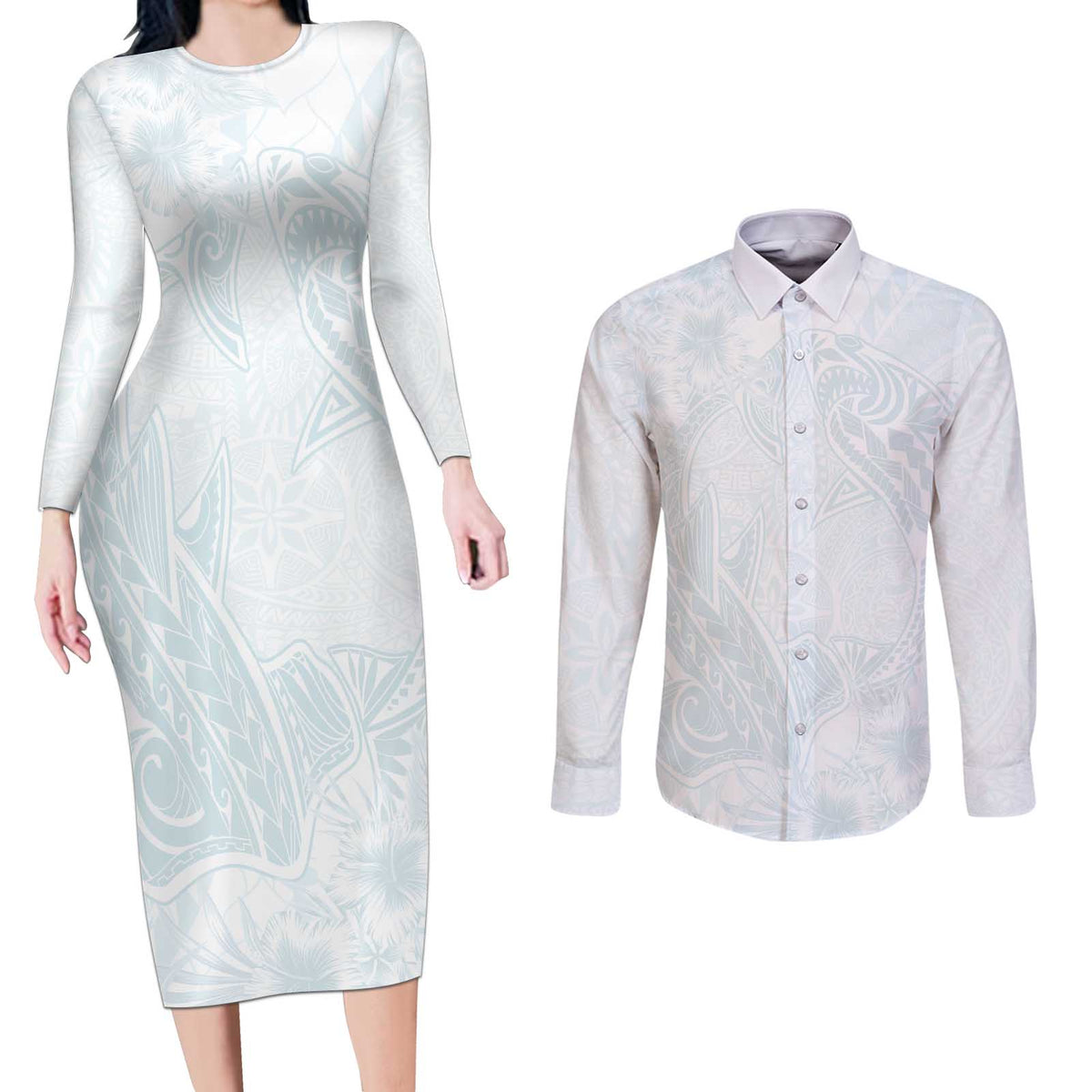 Polynesia Couples Matching Long Sleeve Bodycon Dress and Long Sleeve Button Shirt Sharks Duo Tropical Off White