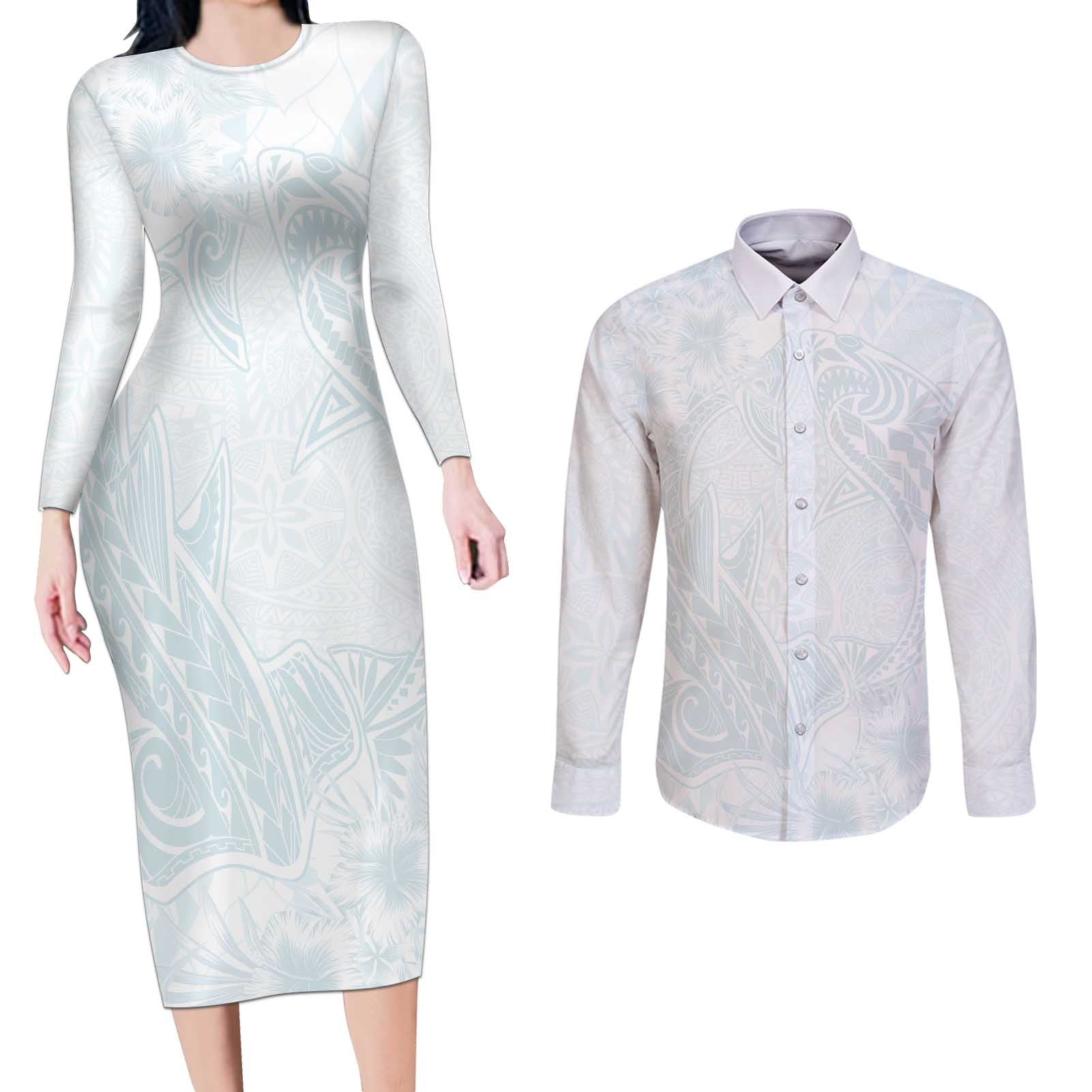 Polynesia Couples Matching Long Sleeve Bodycon Dress and Long Sleeve Button Shirt Sharks Duo Tropical Off White