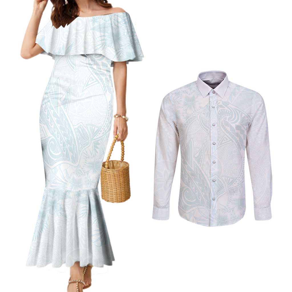 Polynesia Couples Matching Mermaid Dress and Long Sleeve Button Shirt Sharks Duo Tropical Off White