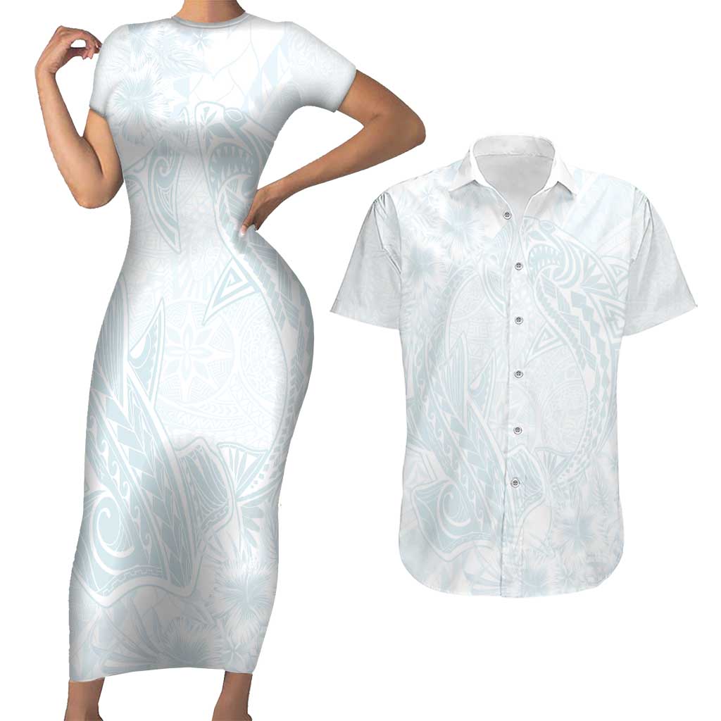 Polynesia Couples Matching Short Sleeve Bodycon Dress and Hawaiian Shirt Sharks Duo Tropical Off White