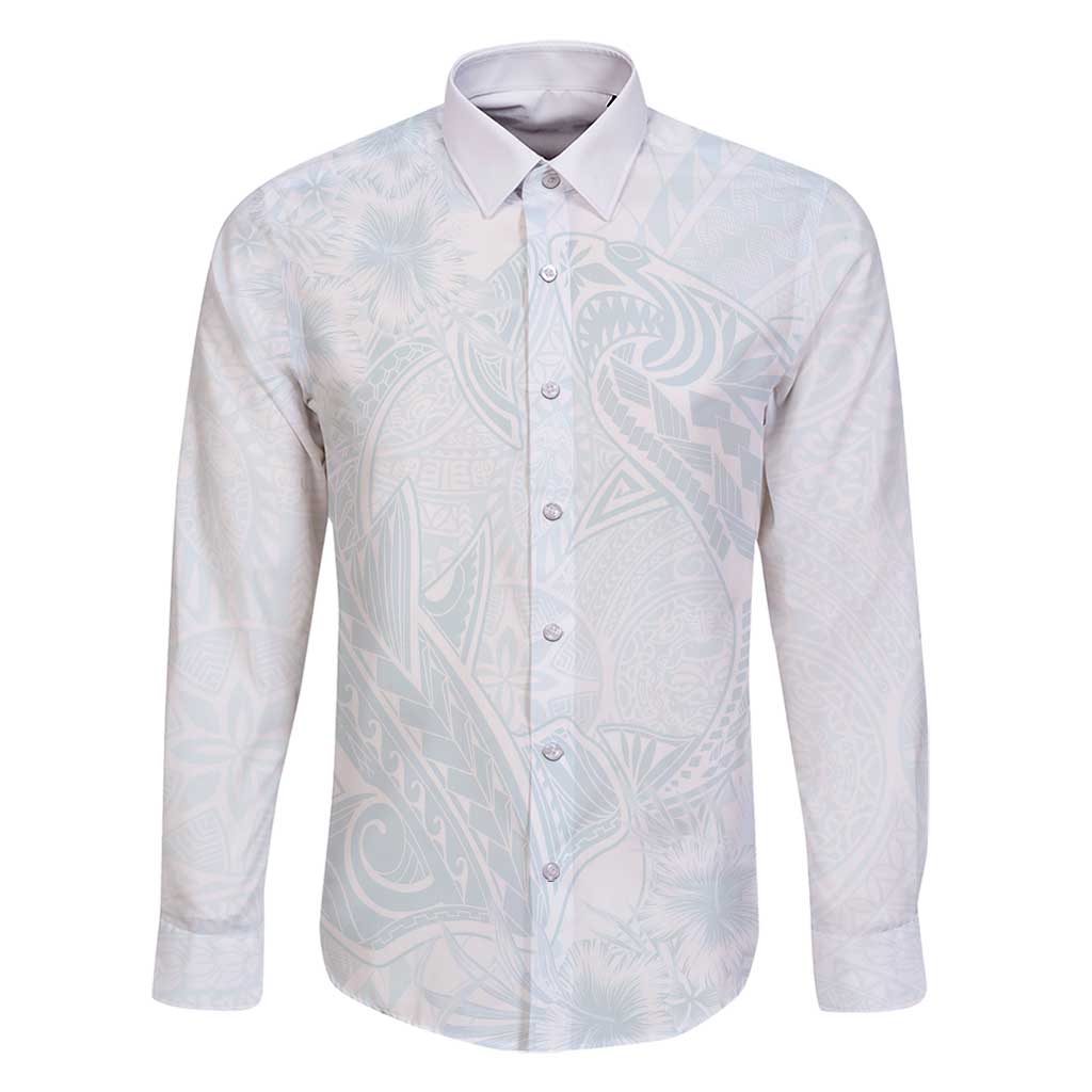 Polynesia Family Matching Long Sleeve Bodycon Dress and Hawaiian Shirt Sharks Duo Tropical Off White