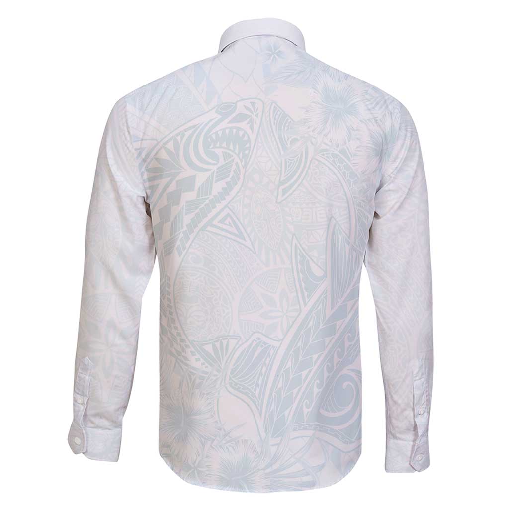 Polynesia Family Matching Long Sleeve Bodycon Dress and Hawaiian Shirt Sharks Duo Tropical Off White