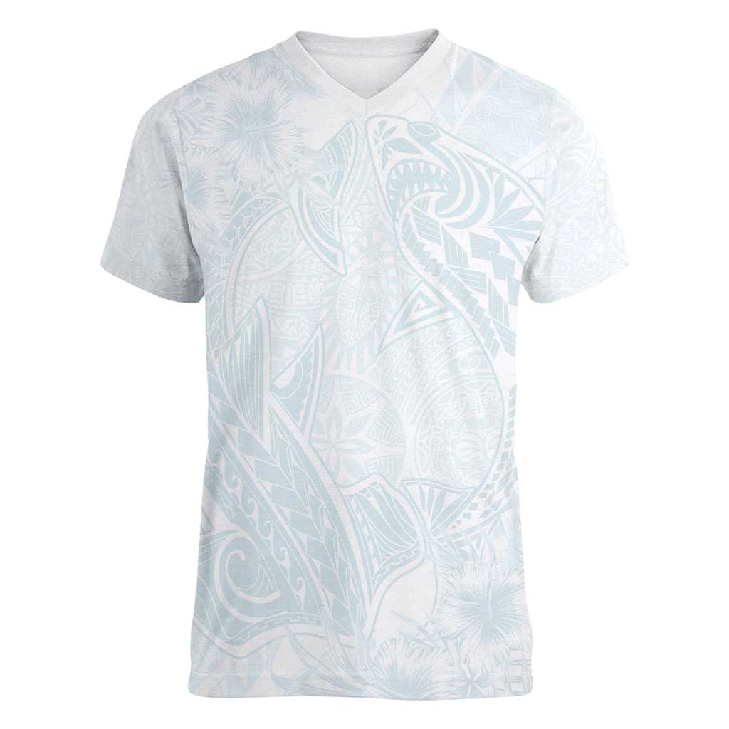 Polynesia Women V-Neck T-Shirt Sharks Duo Tropical Off White LT7 Female White - Polynesian Pride