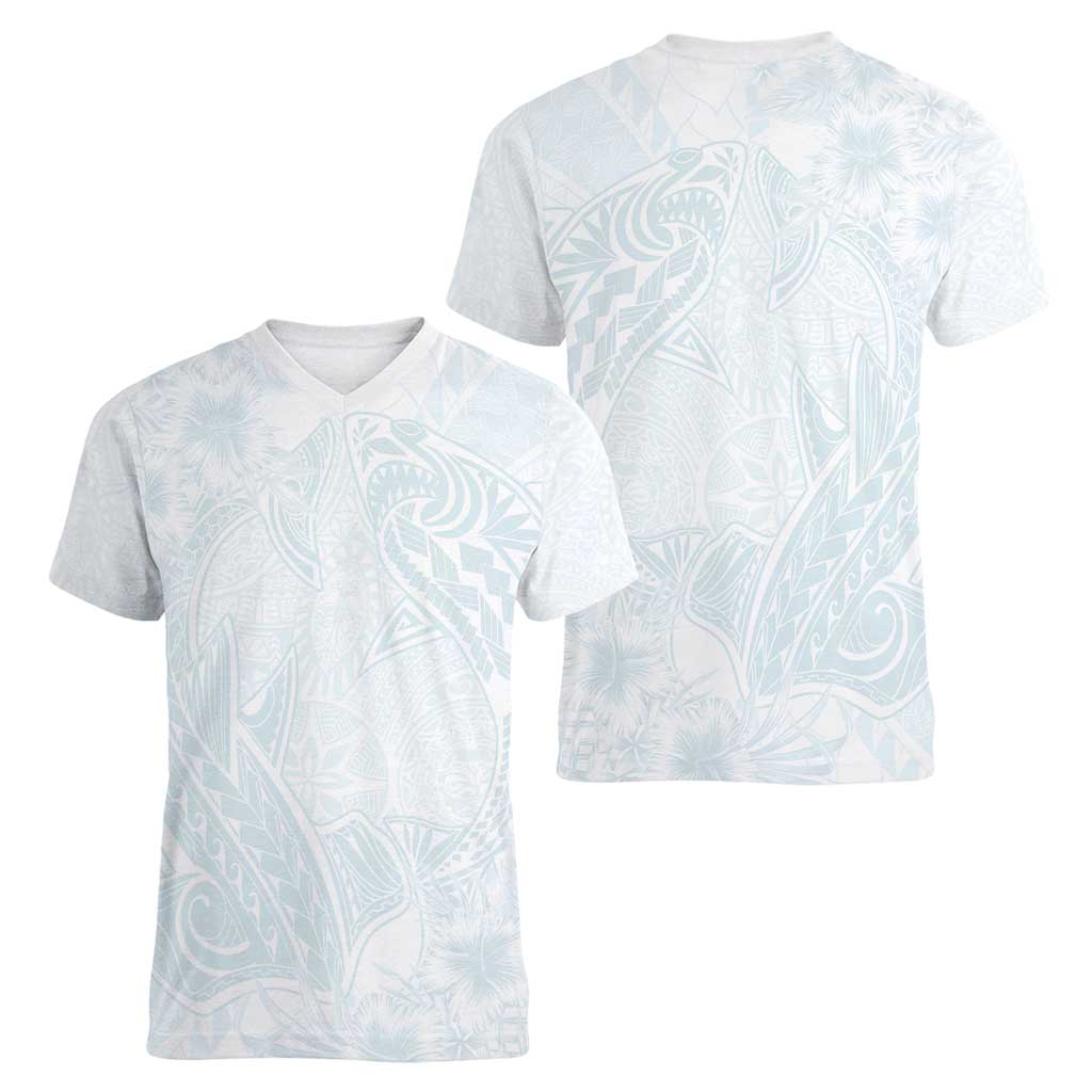 Polynesia Women V-Neck T-Shirt Sharks Duo Tropical Off White LT7 - Polynesian Pride