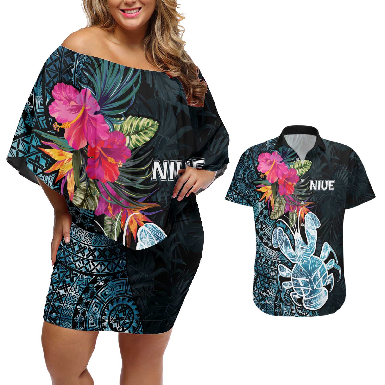 Niue Personalised Couples Matching Off Shoulder Short Dress and Hawaiian Shirt Hiapo Mix Coconut Crab