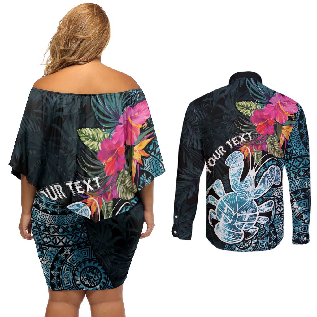 Niue Personalised Couples Matching Off Shoulder Short Dress and Long Sleeve Button Shirt Hiapo Mix Coconut Crab