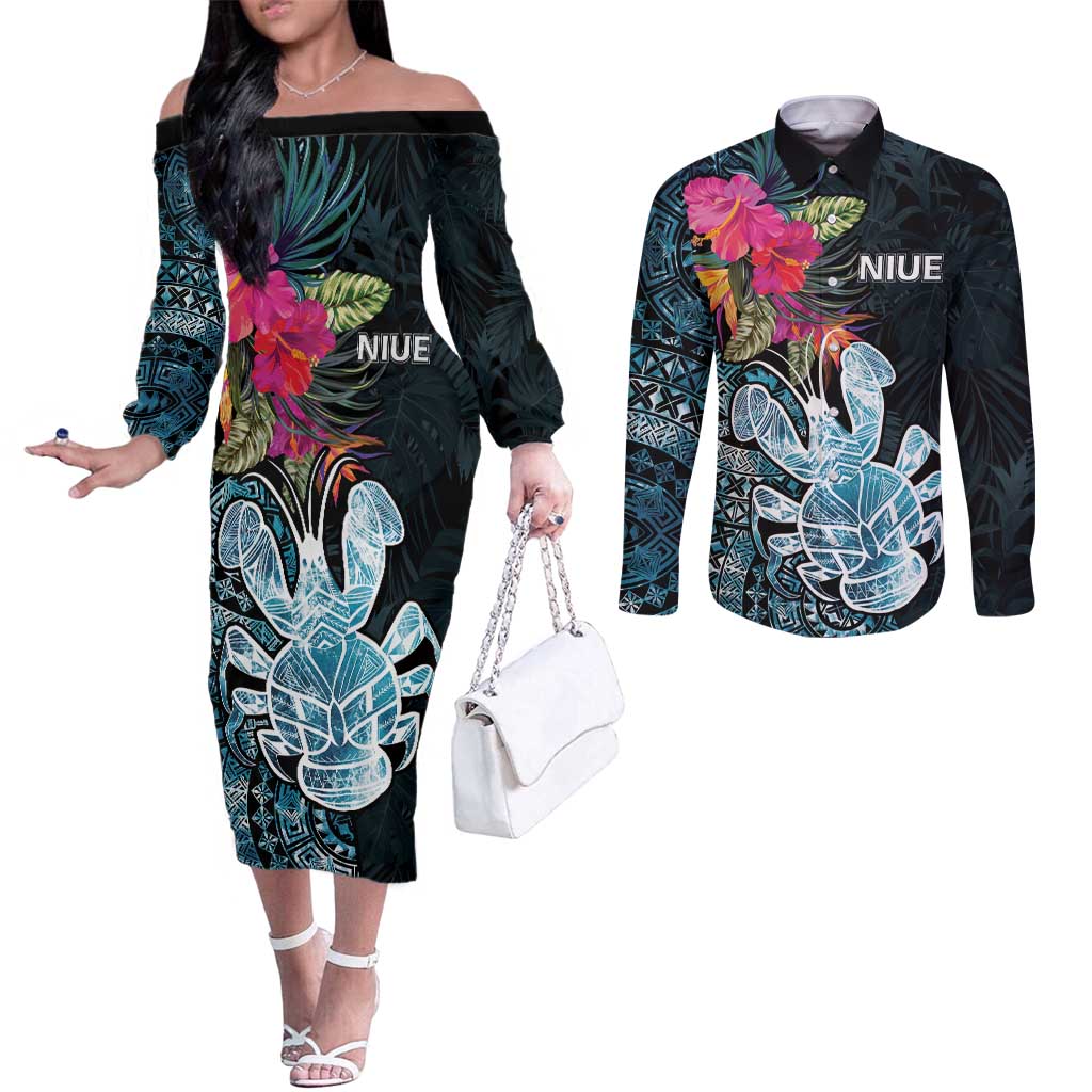 Niue Personalised Couples Matching Off The Shoulder Long Sleeve Dress and Long Sleeve Button Shirt Hiapo Mix Coconut Crab