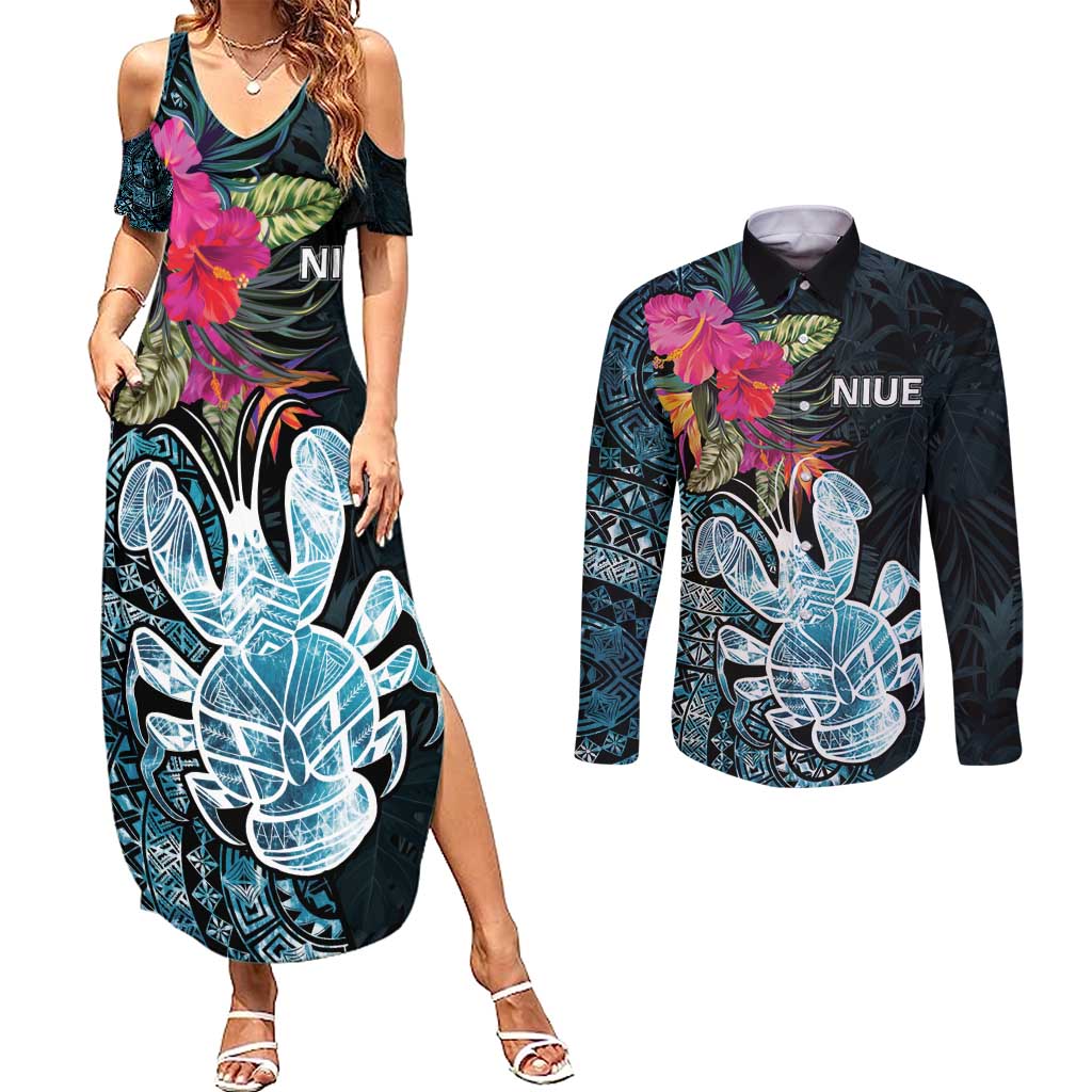 Niue Personalised Couples Matching Summer Maxi Dress and Long Sleeve Button Shirt Hiapo Mix Coconut Crab