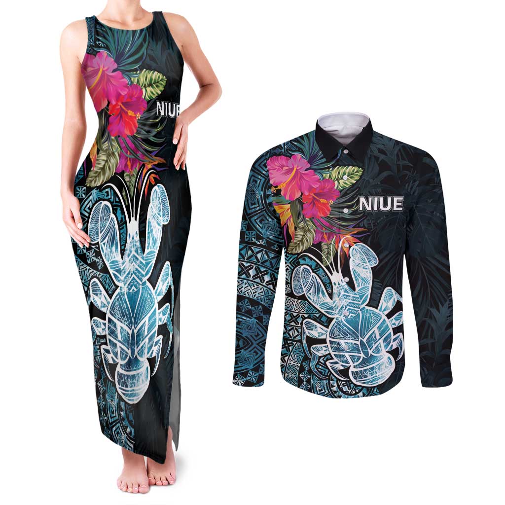 Niue Personalised Couples Matching Tank Maxi Dress and Long Sleeve Button Shirt Hiapo Mix Coconut Crab LT7 Art - Polynesian Pride