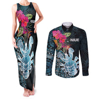 Niue Personalised Couples Matching Tank Maxi Dress and Long Sleeve Button Shirt Hiapo Mix Coconut Crab LT7 Art - Polynesian Pride