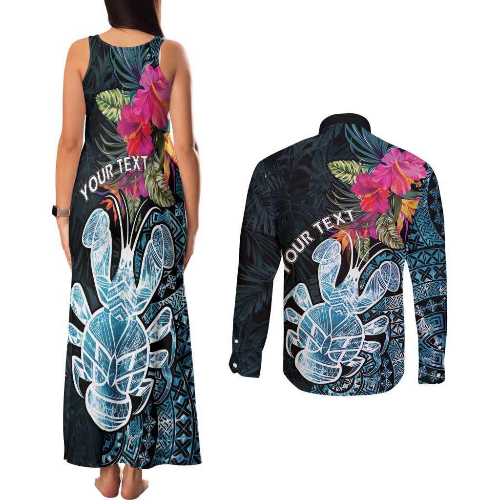 Niue Personalised Couples Matching Tank Maxi Dress and Long Sleeve Button Shirt Hiapo Mix Coconut Crab LT7 - Polynesian Pride
