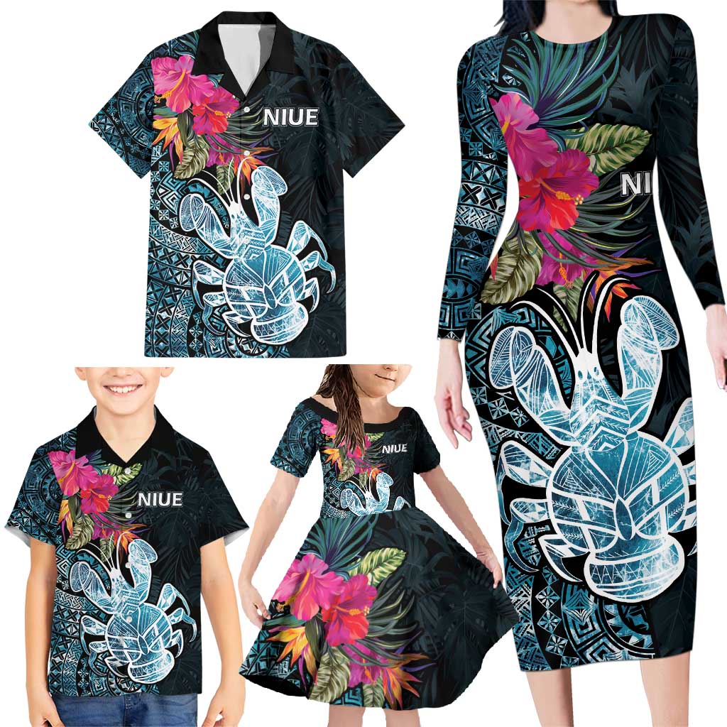 Niue Personalised Family Matching Long Sleeve Bodycon Dress and Hawaiian Shirt Hiapo Mix Coconut Crab