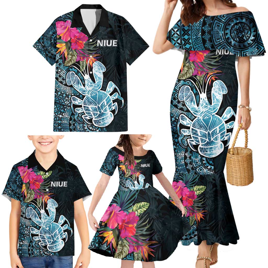 Niue Personalised Family Matching Mermaid Dress and Hawaiian Shirt Hiapo Mix Coconut Crab LT7 - Polynesian Pride