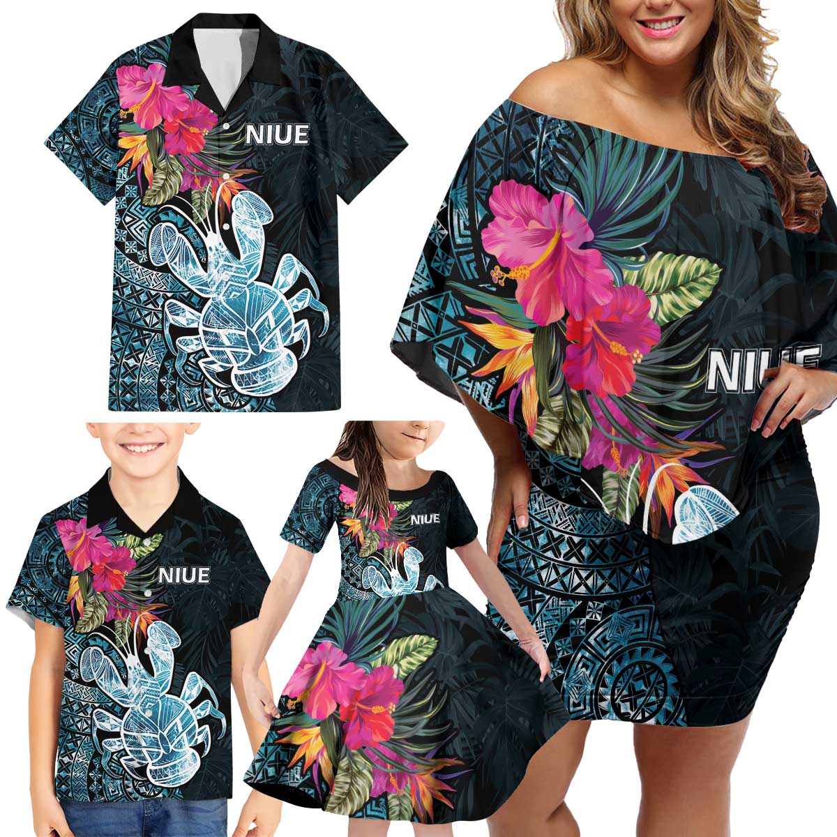 Niue Personalised Family Matching Off Shoulder Short Dress and Hawaiian Shirt Hiapo Mix Coconut Crab