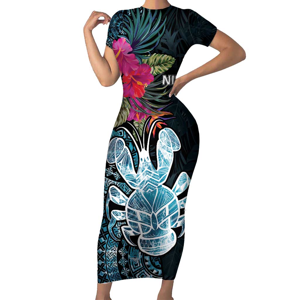 Niue Personalised Short Sleeve Bodycon Dress Hiapo Mix Coconut Crab