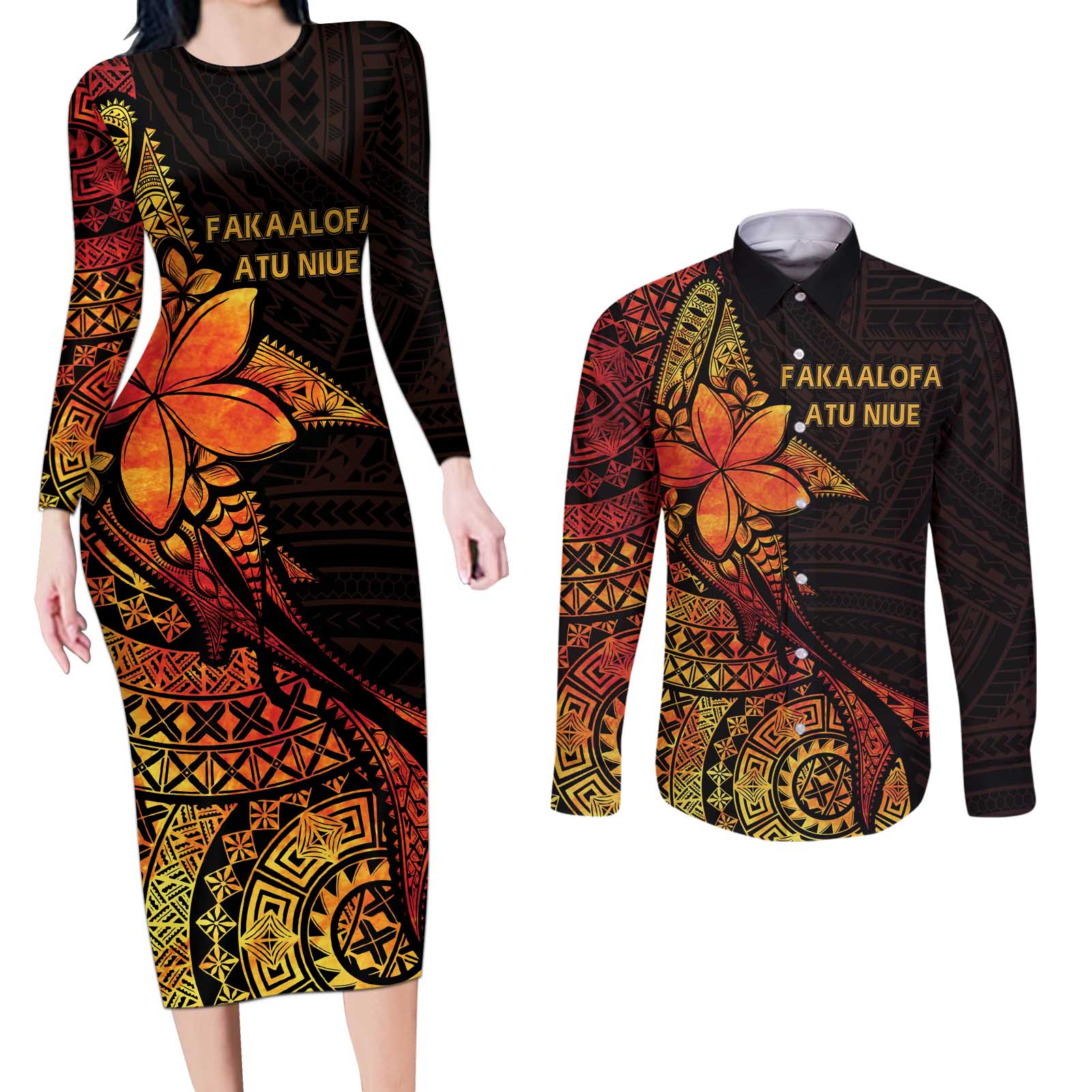 Niue Fakaalofa Atu Personalised Couples Matching Long Sleeve Bodycon Dress and Long Sleeve Button Shirt Whale Hiapo Fiery Motif