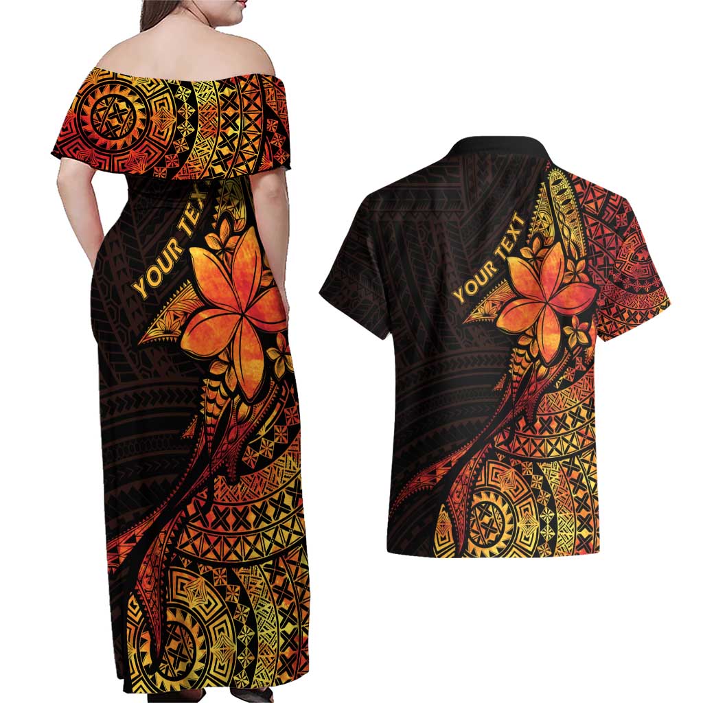Niue Fakaalofa Atu Personalised Couples Matching Off Shoulder Maxi Dress and Hawaiian Shirt Whale Hiapo Fiery Motif LT7 - Polynesian Pride