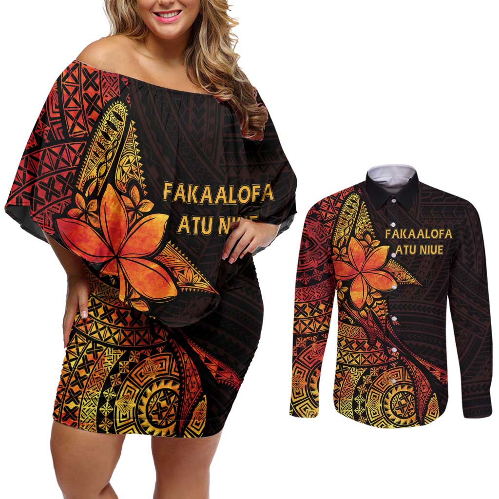 Niue Fakaalofa Atu Personalised Couples Matching Off Shoulder Short Dress and Long Sleeve Button Shirt Whale Hiapo Fiery Motif