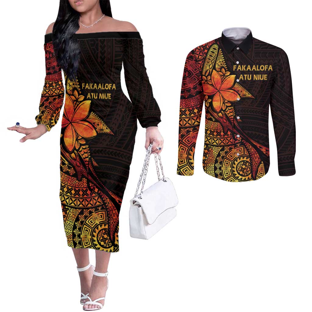 Niue Fakaalofa Atu Personalised Couples Matching Off The Shoulder Long Sleeve Dress and Long Sleeve Button Shirt Whale Hiapo Fiery Motif