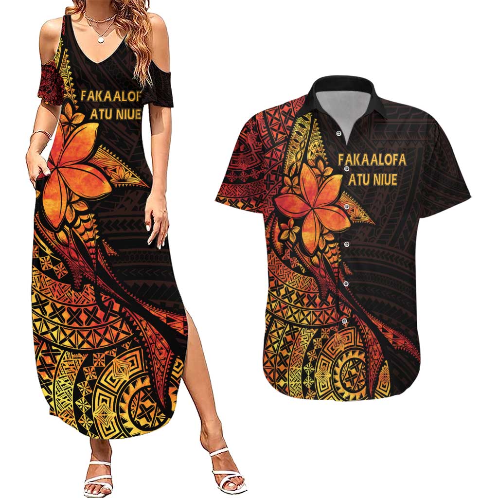 Niue Fakaalofa Atu Personalised Couples Matching Summer Maxi Dress and Hawaiian Shirt Whale Hiapo Fiery Motif