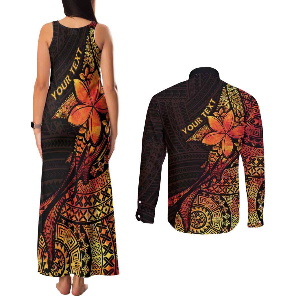 Niue Fakaalofa Atu Personalised Couples Matching Tank Maxi Dress and Long Sleeve Button Shirt Whale Hiapo Fiery Motif LT7 - Polynesian Pride