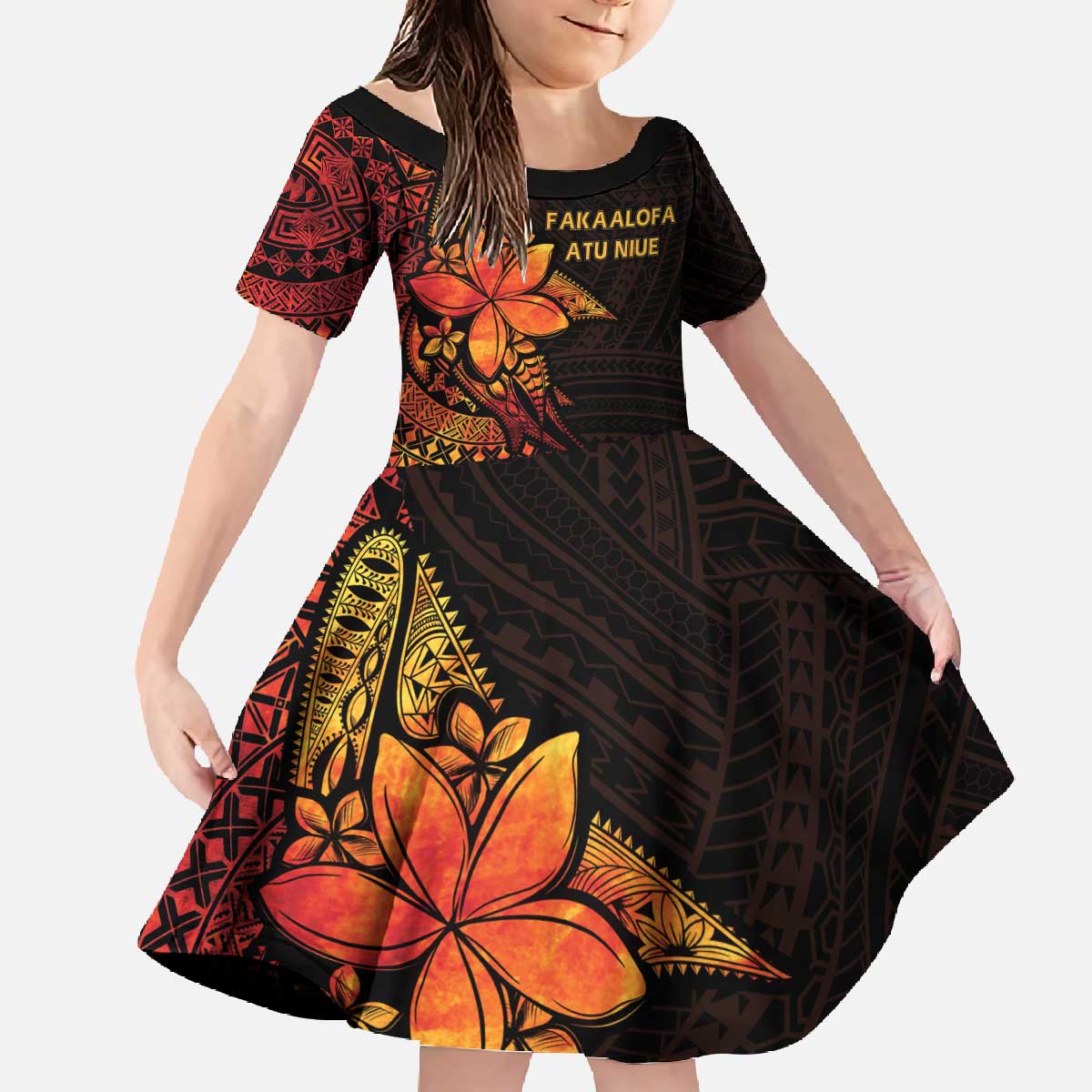 Niue Fakaalofa Atu Personalised Family Matching Off The Shoulder Long Sleeve Dress and Hawaiian Shirt Whale Hiapo Fiery Motif LT7 Daughter's Dress Art - Polynesian Pride