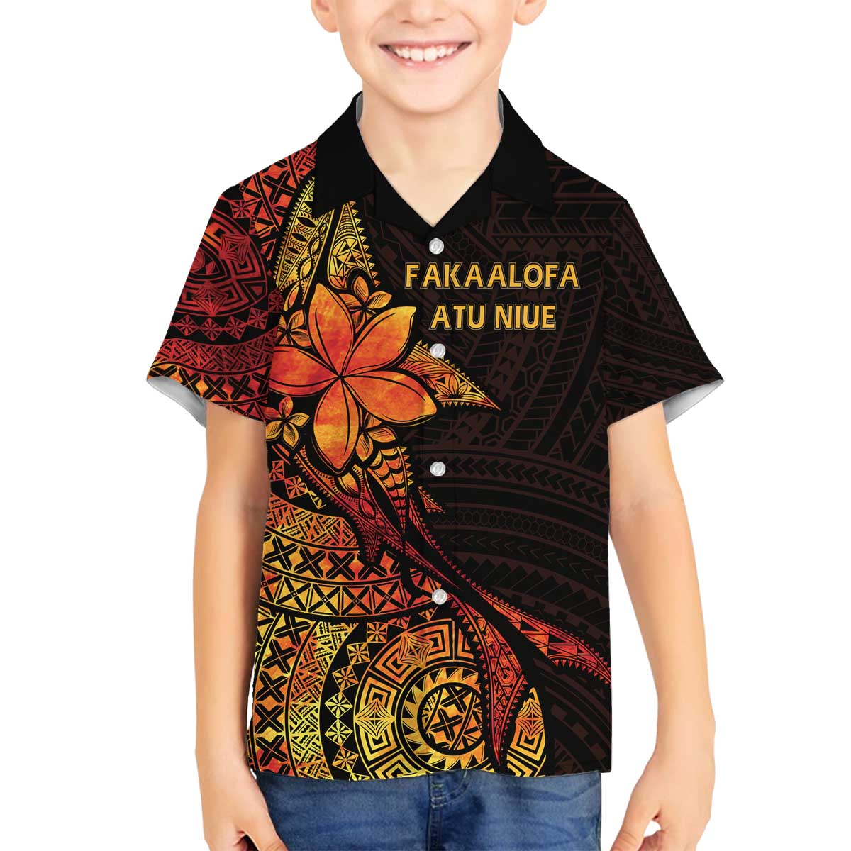 Niue Fakaalofa Atu Personalised Family Matching Off The Shoulder Long Sleeve Dress and Hawaiian Shirt Whale Hiapo Fiery Motif LT7 Son's Shirt Art - Polynesian Pride