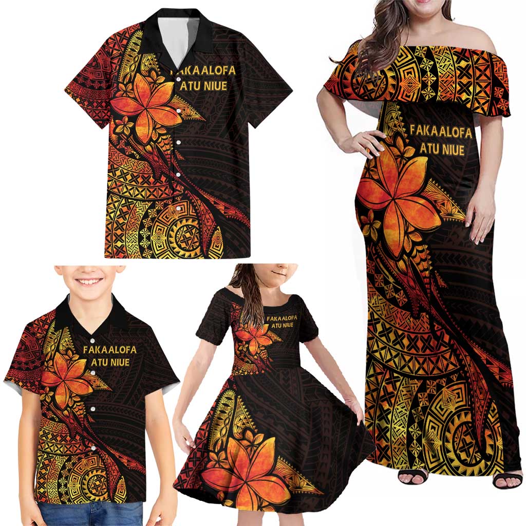Niue Fakaalofa Atu Personalised Family Matching Off Shoulder Maxi Dress and Hawaiian Shirt Whale Hiapo Fiery Motif LT7 - Polynesian Pride