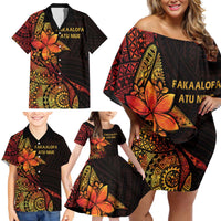 Niue Fakaalofa Atu Personalised Family Matching Off Shoulder Short Dress and Hawaiian Shirt Whale Hiapo Fiery Motif LT7 - Polynesian Pride