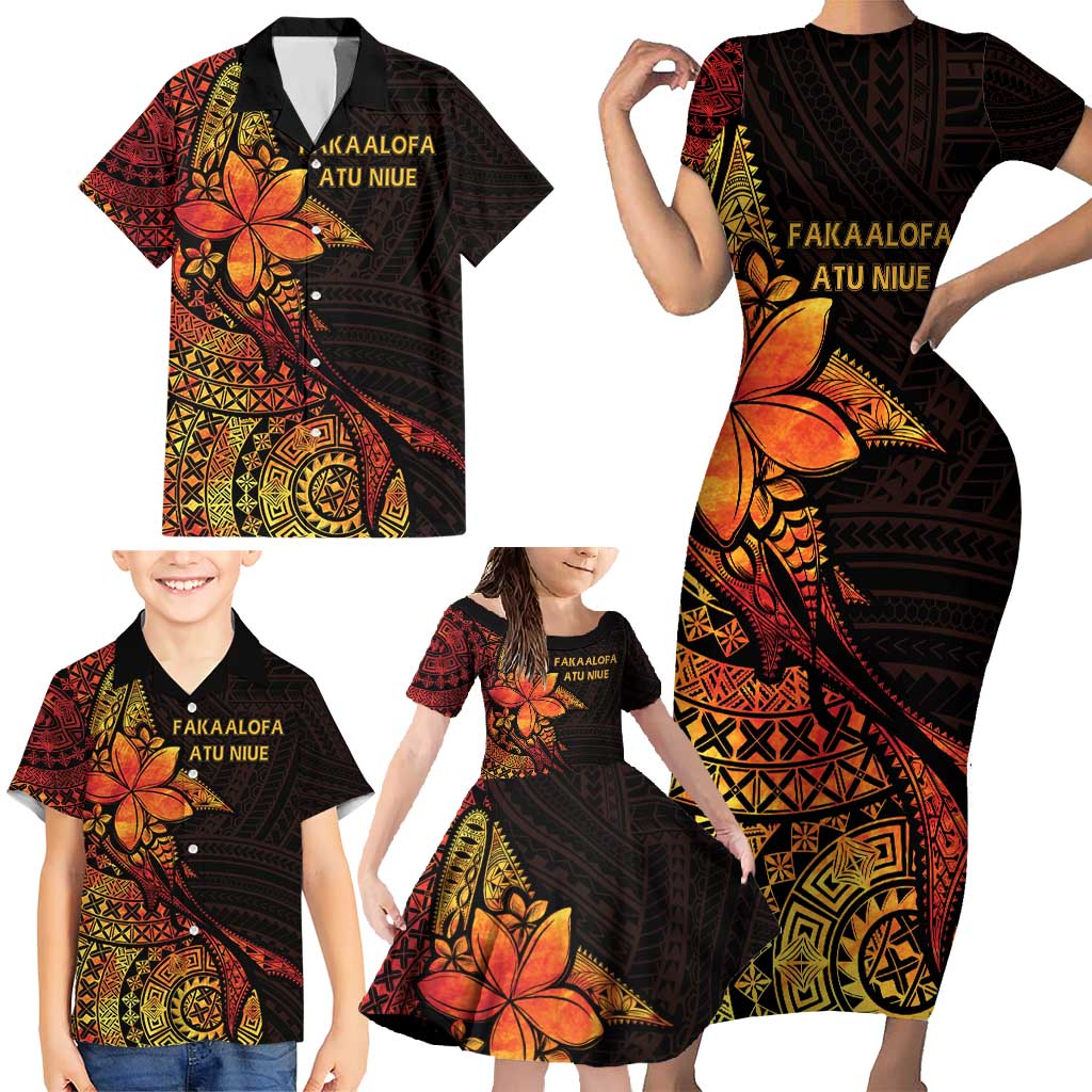 Niue Fakaalofa Atu Personalised Family Matching Short Sleeve Bodycon Dress and Hawaiian Shirt Whale Hiapo Fiery Motif