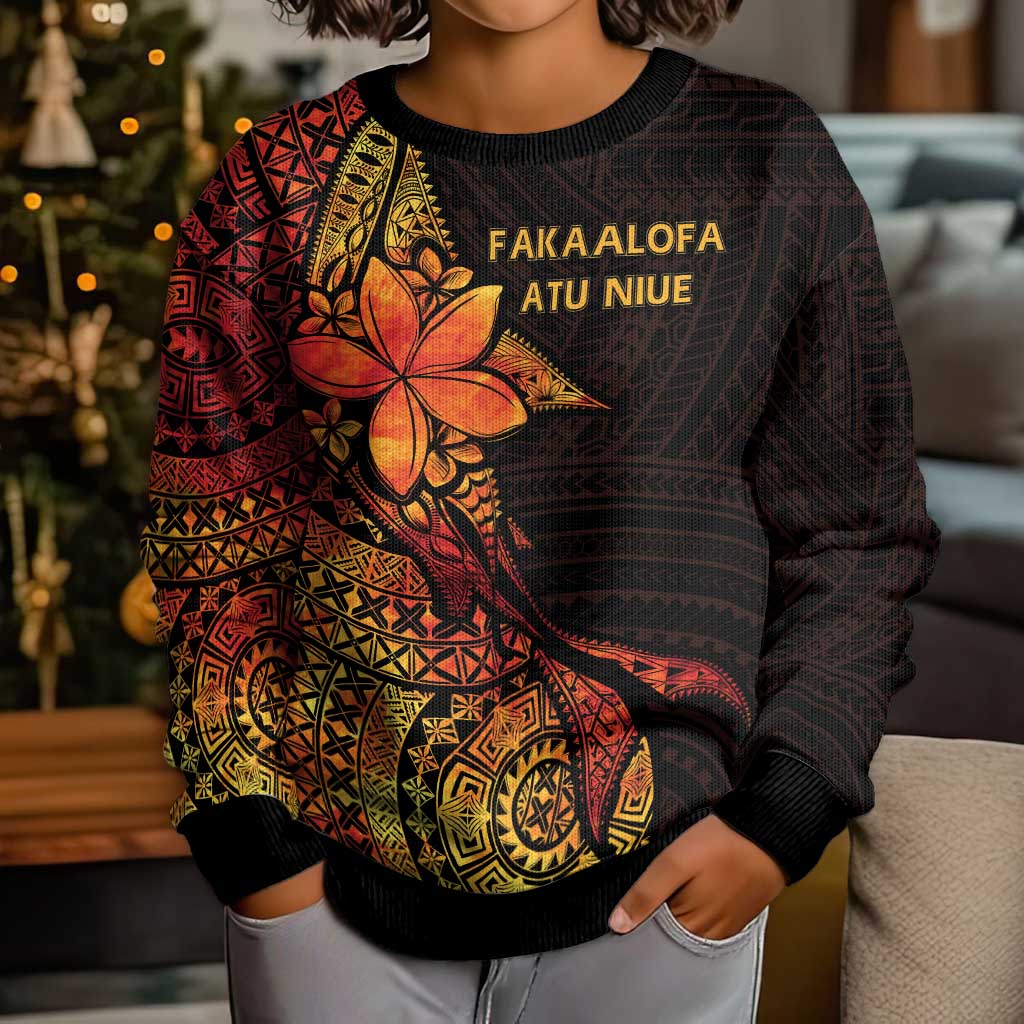 Niue Fakaalofa Atu Kid Ugly Christmas Sweater Whale Hiapo Fiery Motif LT7 - Polynesian Pride