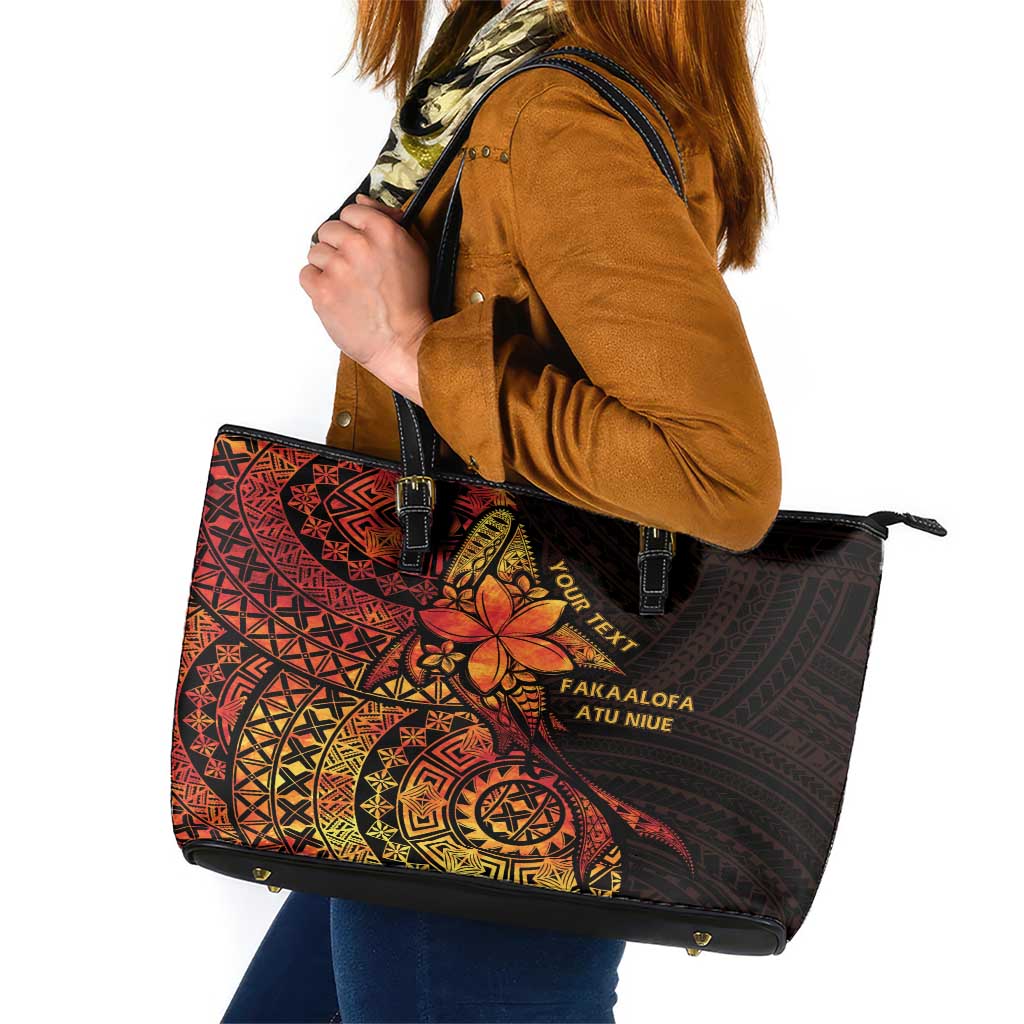 Niue Fakaalofa Atu Personalised Leather Tote Bag Whale Hiapo Fiery Motif LT7 Art - Polynesian Pride