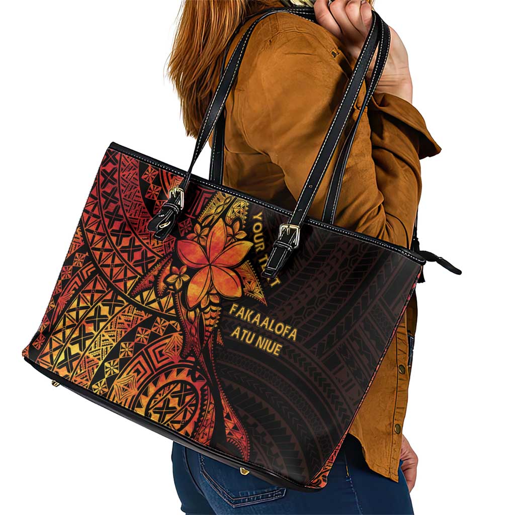 Niue Fakaalofa Atu Personalised Leather Tote Bag Whale Hiapo Fiery Motif LT7 - Polynesian Pride