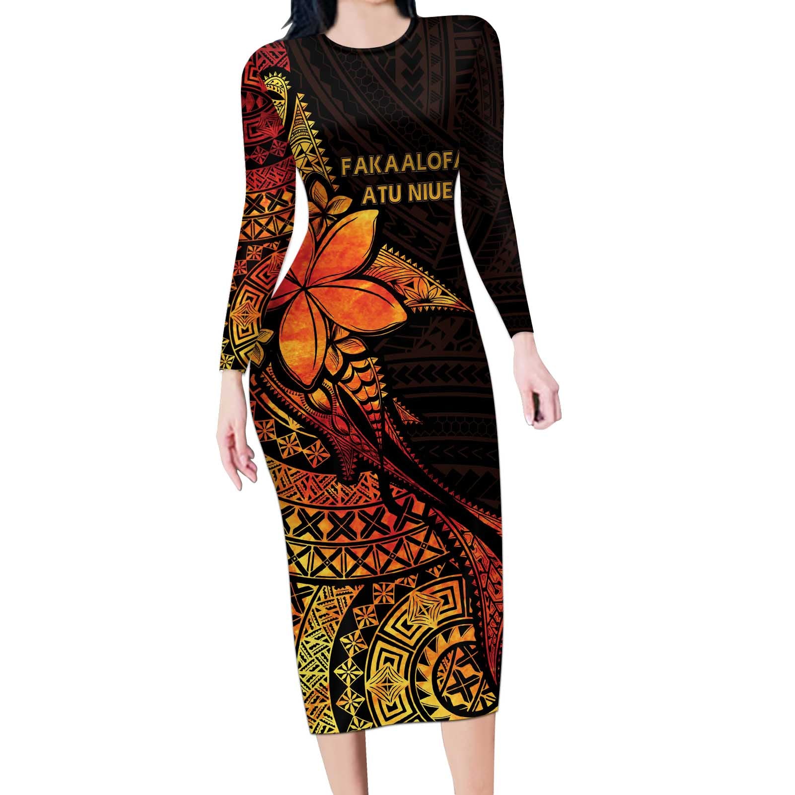 Niue Fakaalofa Atu Personalised Long Sleeve Bodycon Dress Whale Hiapo Fiery Motif