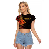 Niue Fakaalofa Atu Personalised Raglan Cropped T Shirt Whale Hiapo Fiery Motif LT7 Female Art - Polynesian Pride