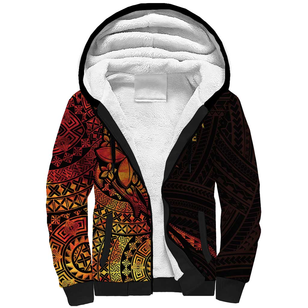 Niue Fakaalofa Atu Personalised Sherpa Hoodie Whale Hiapo Fiery Motif
