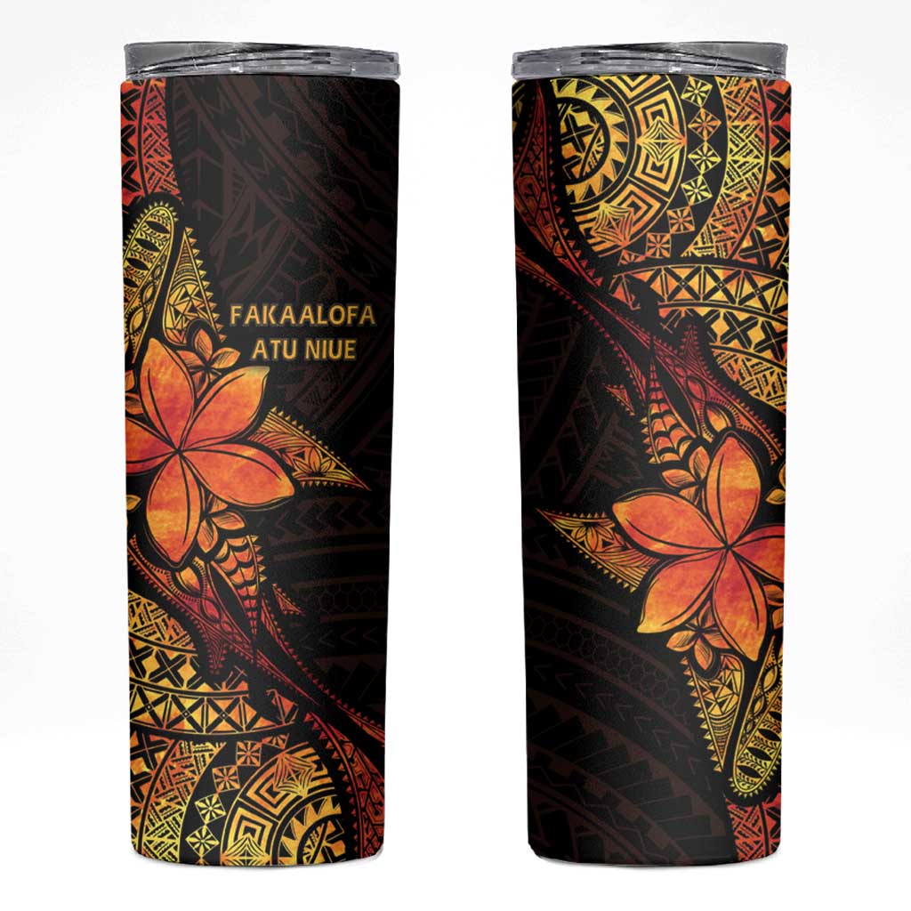 Niue Fakaalofa Atu Skinny Tumbler Whale Hiapo Fiery Motif LT7 Art - Polynesian Pride