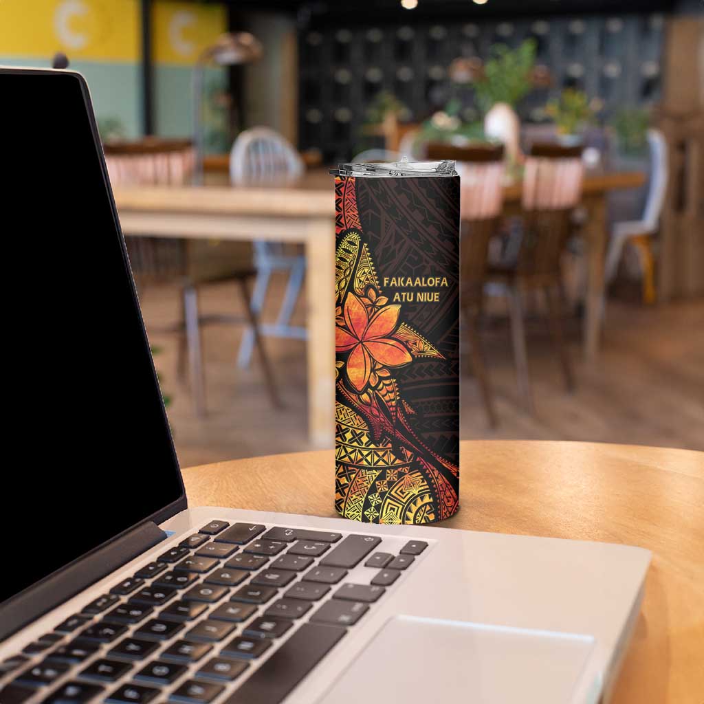 Niue Fakaalofa Atu Skinny Tumbler Whale Hiapo Fiery Motif LT7 - Polynesian Pride