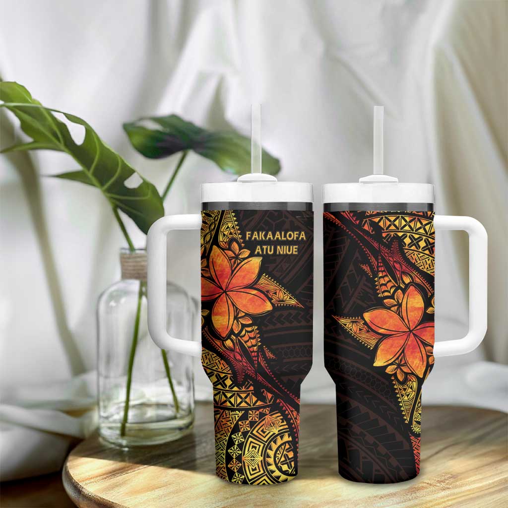 Niue Fakaalofa Atu Tumbler With Handle Whale Hiapo Fiery Motif LT7 - Polynesian Pride