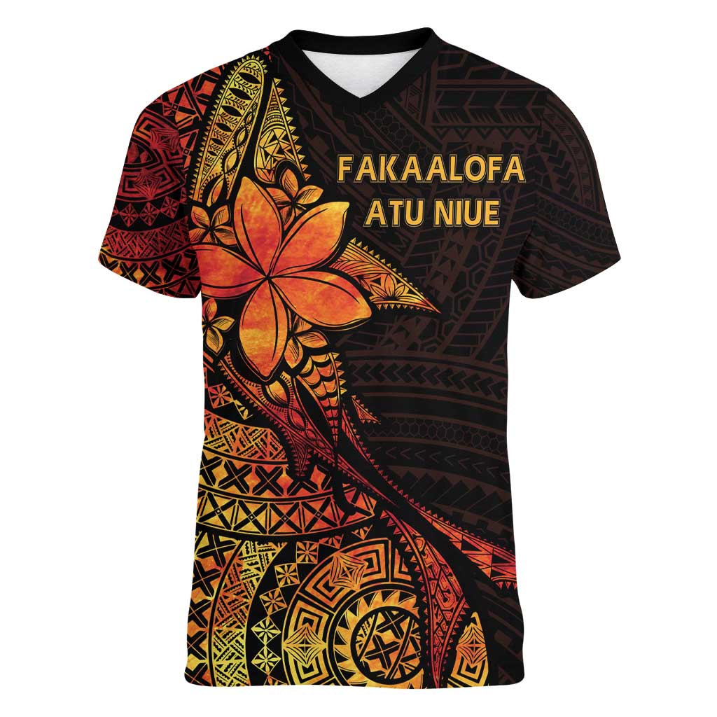 Niue Fakaalofa Atu Personalised Women V-Neck T-Shirt Whale Hiapo Fiery Motif