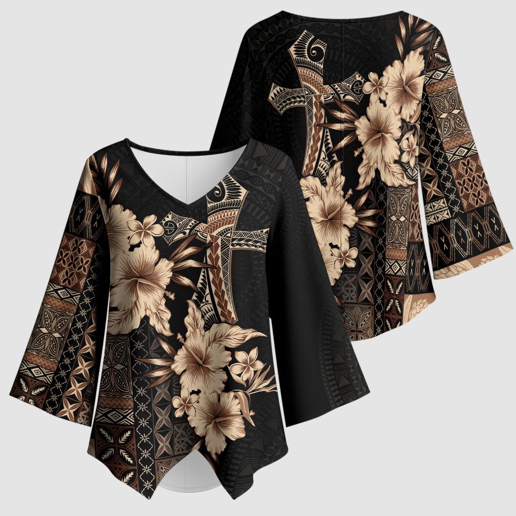 Samoa AIGA Mamanu Siapo Malu Motifs Kimono Sleeve Blouse Black Ver