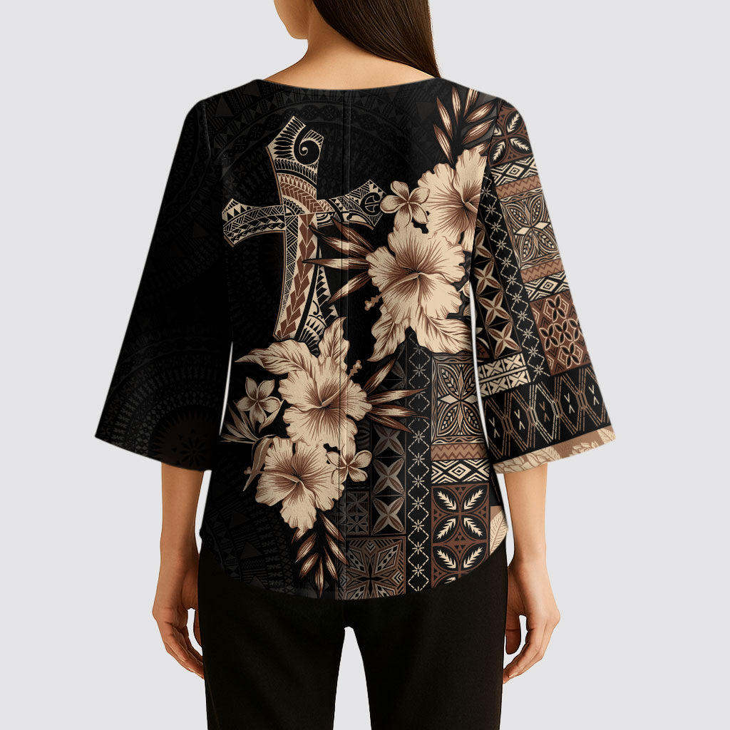 Samoa AIGA Mamanu Siapo Malu Motifs Kimono Sleeve Blouse Black Ver