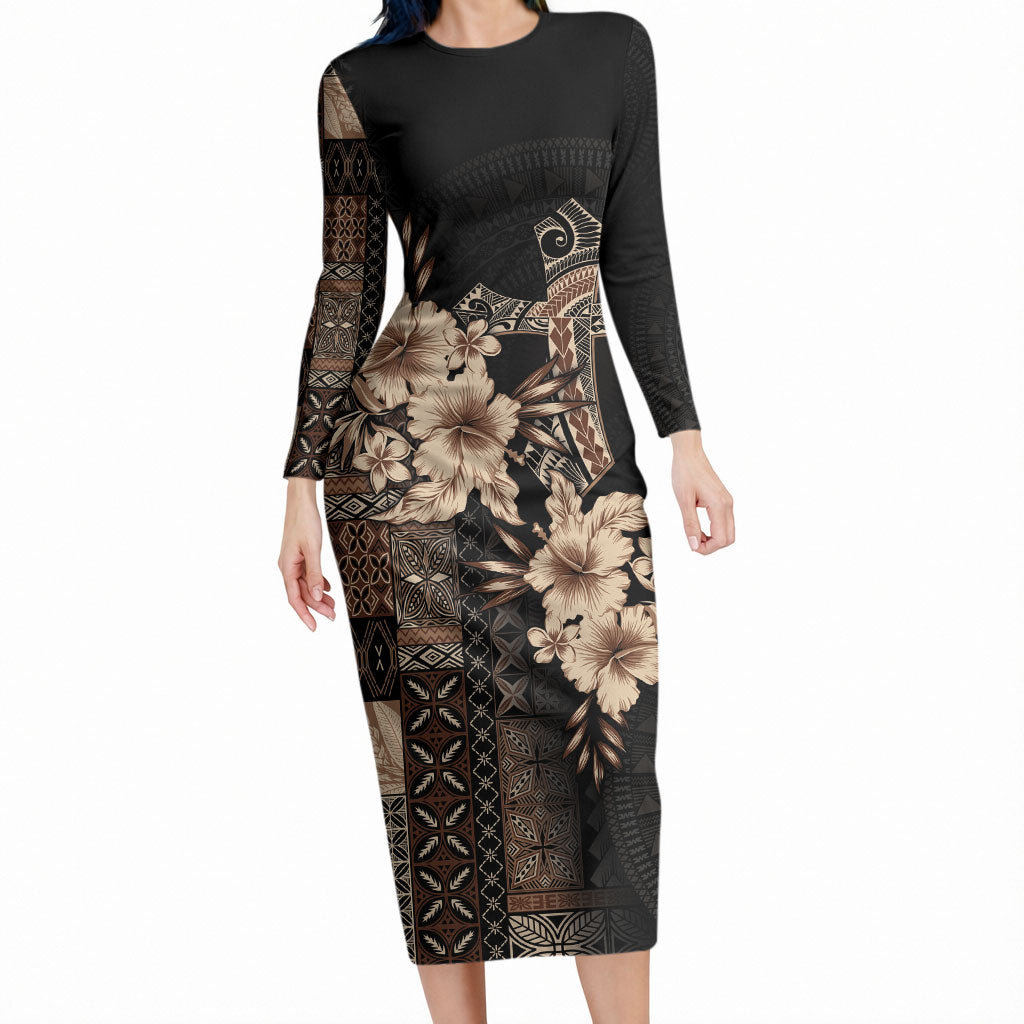 Samoa AIGA Mamanu Siapo Malu Motifs Long Sleeve Bodycon Dress Black Ver