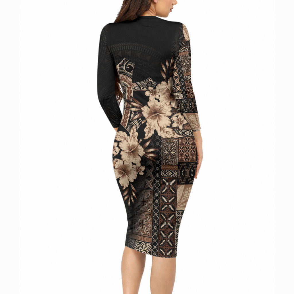 Samoa AIGA Mamanu Siapo Malu Motifs Long Sleeve Bodycon Dress Black Ver