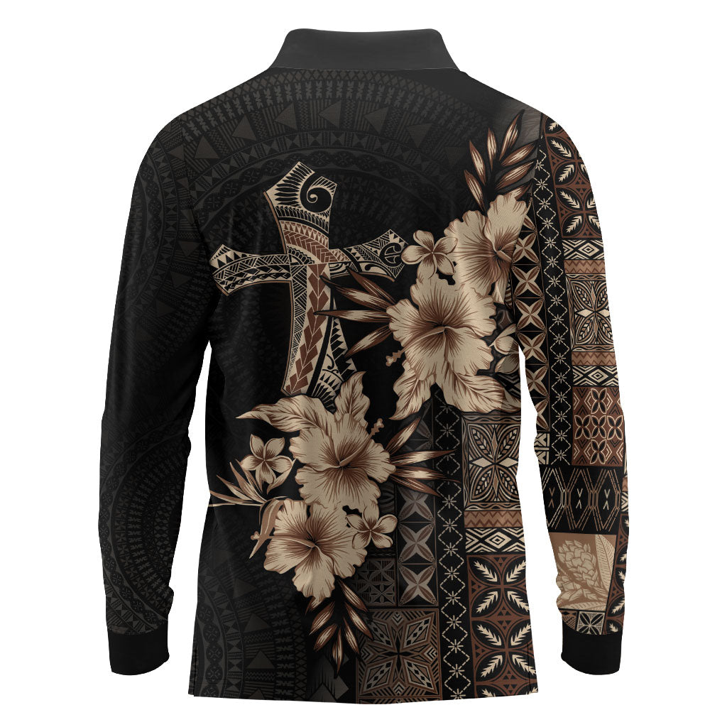 Samoa AIGA Mamanu Siapo Malu Motifs Long Sleeve Polo Shirt Black Ver