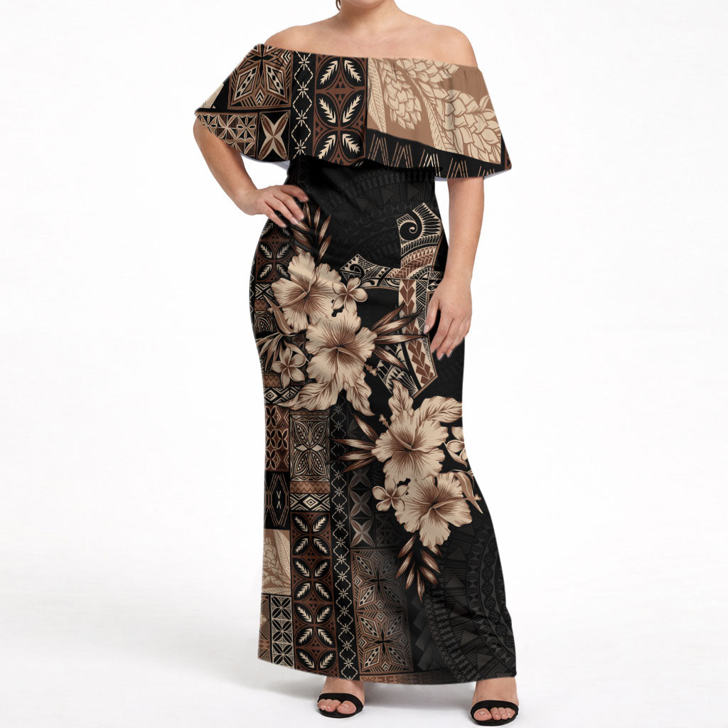 Samoa AIGA Mamanu Siapo Malu Motifs Off Shoulder Maxi Dress Black Ver