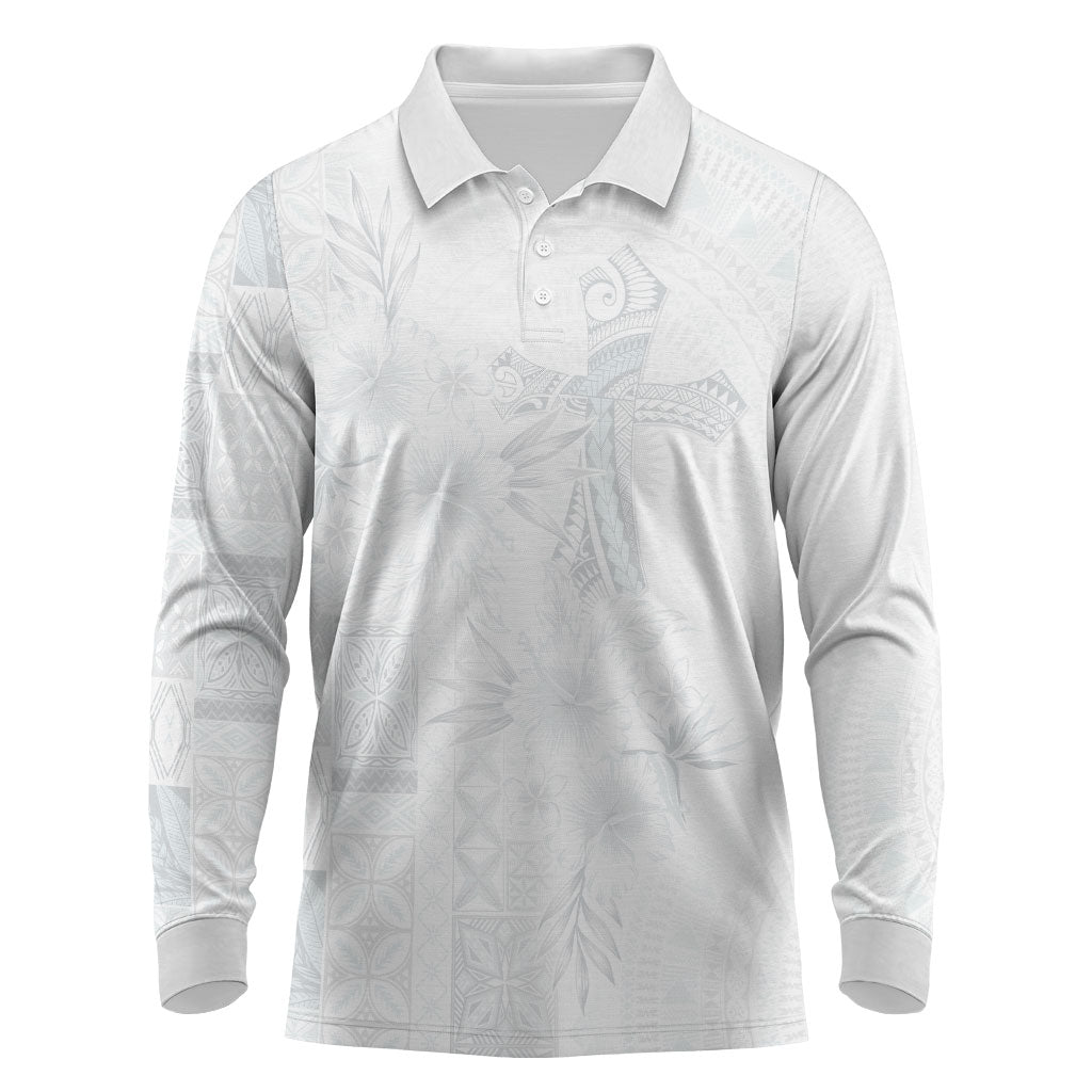 Samoa AIGA Mamanu Siapo Malu Motifs Long Sleeve Polo Shirt Lotu a Tamaiti White Ver LT7 White - Polynesian Pride